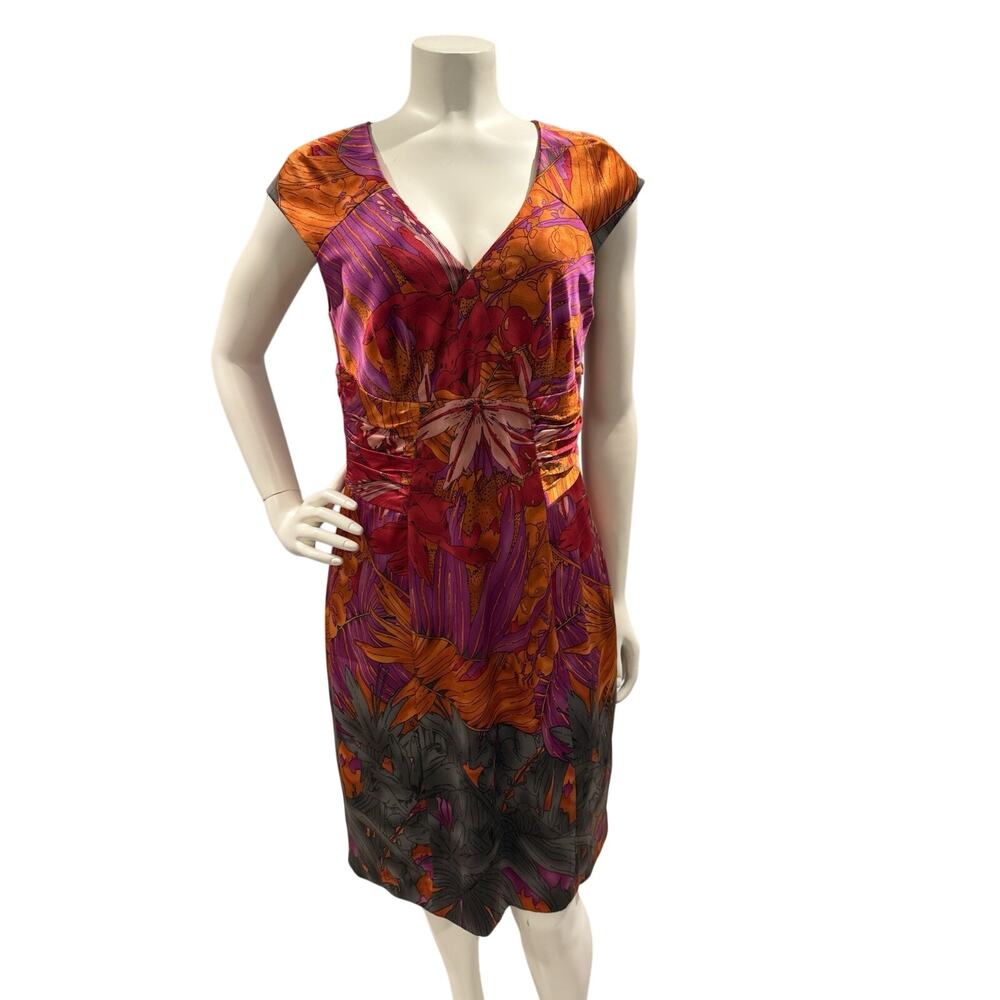Kay Unger V-Neck Floral Midi Dress in Purple and Orange
